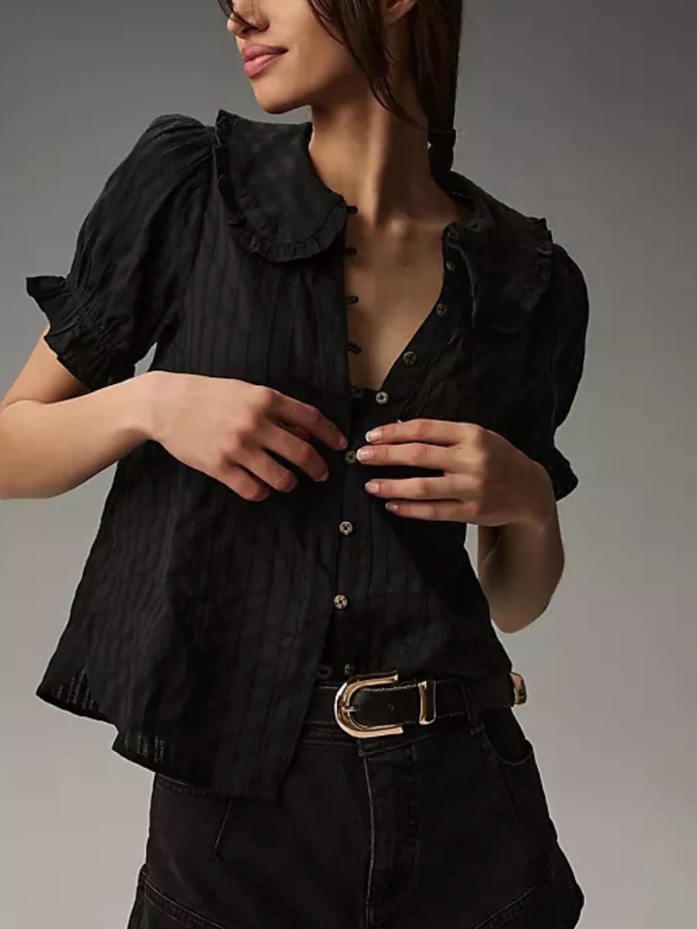 Pilcro Black Ruffled Collar Button-Down Blouse